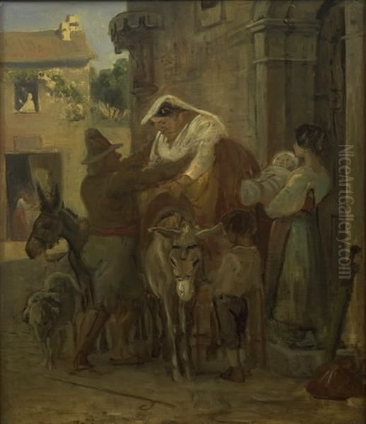 A Stout Roman Woman Being Helped onto a Donkey - view 1