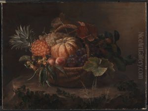 A basket of fruits on a tree trunk. by Johan Laurentz Jensen
