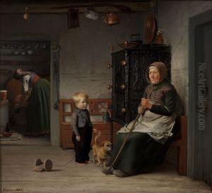 En fattig kone der venter pa et krus ol i en bondestue by Julius Exner