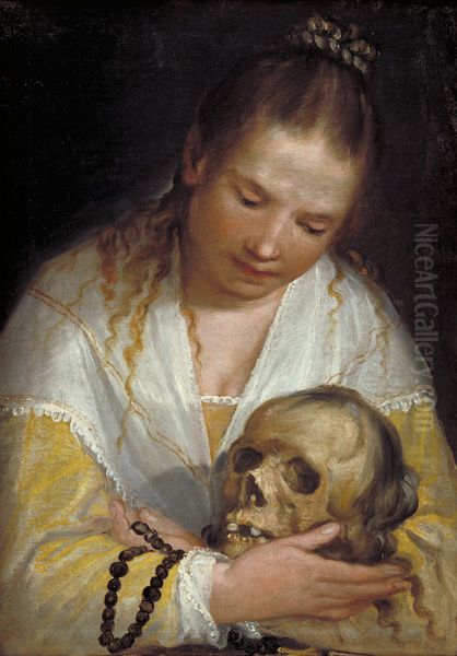 Young woman contemplating a skull - view 1