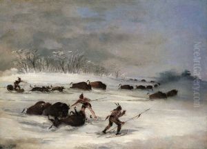 Sioux Indians on Snowshoes Lancing Buffalo by George Catlin