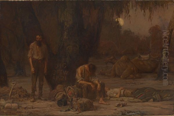 Arrival of Burke, Wills and King at the deserted camp at Cooper's Creek, Sunday evening, 21st April 1861 - view 1
