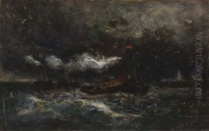Squall, Brenton Light (boat in storm, lighthouse in background) by Edward Mitchell Bannister