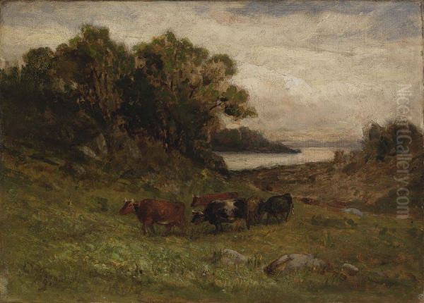 Untitled (five cows grazing with trees and river in background) - view 1