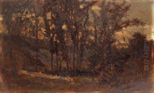 Untitled (forest scene, fallen tree in foreground and house in background) by Edward Mitchell Bannister