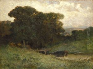 Untitled (forest scene with bridge, cows in stream in foreground) thumbnail
