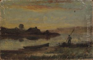 Untitled (landscape, boat moored near bank with man walking) by Edward Mitchell Bannister