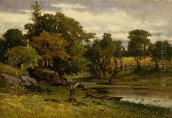 Untitled (landscape, boat moored near stream, man walking in foreground) - view 1