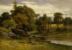 Untitled (landscape, boat moored near stream, man walking in foreground) by Edward Mitchell Bannister