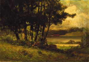 Untitled (landscape with cows grazing near river)