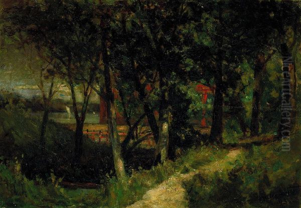 Untitled (landscape, forest scene with red fence and building) - view 1
