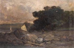 Untitled (landscape with rocks, man and sailboats) Untitled (landscape with rocks, man and sailboats)