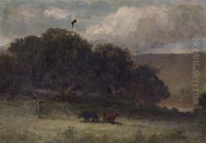 Untitled (landscape with trees and two cows in meadow) by Edward Mitchell Bannister