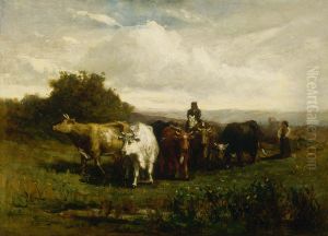 Untitled (man on horseback, woman on foot driving cattle) by Edward Mitchell Bannister