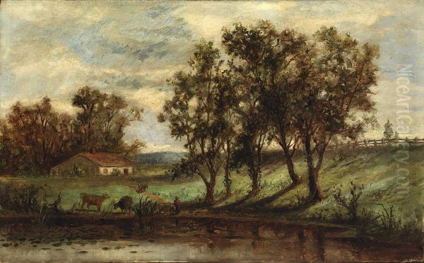 Untitled (man with cows grazing near pond with house and trees in background) - view 1