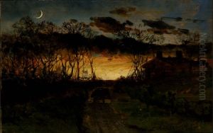 Untitled (sunset with quarter moon and farmhouse)