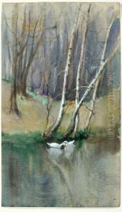 Untitled (Wood Scene with Birch Trees and Ducks) by Edward Mitchell Bannister
