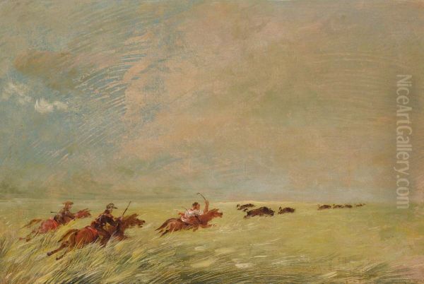 Bogard, Batiste, and I Chasing Buffalo in High Grass on a Missouri Bottom - view 1
