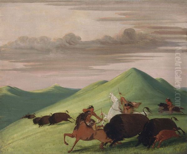 Buffalo Chase, Bull Protecting a Cow and Calf - view 1