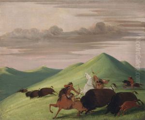 Buffalo Chase, Bull Protecting a Cow and Calf by George Catlin