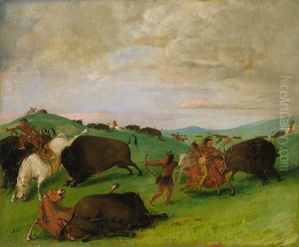 Buffalo Chase, Bulls Making Battle with Men and Horses - view 1