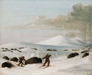 Buffalo Chase in Snowdrifts, Indians Pursuing on Snowshoes