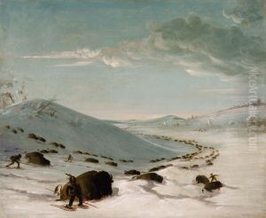 Buffalo Chase in Winter, Indians on Snowshoes by George Catlin