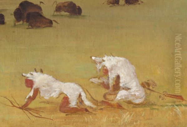 Catlin and His Indian Guide Approaching Buffalo under White Wolf Skins - view 1