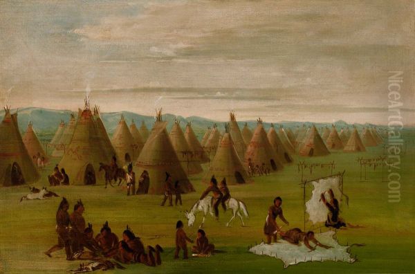 Comanche Village, Women Dressing Robes and Drying Meat - view 1
