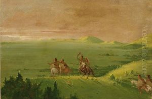 Comanche War Party, Chief Discovering the Enemy and Urging his Men at Sunrise by George Catlin