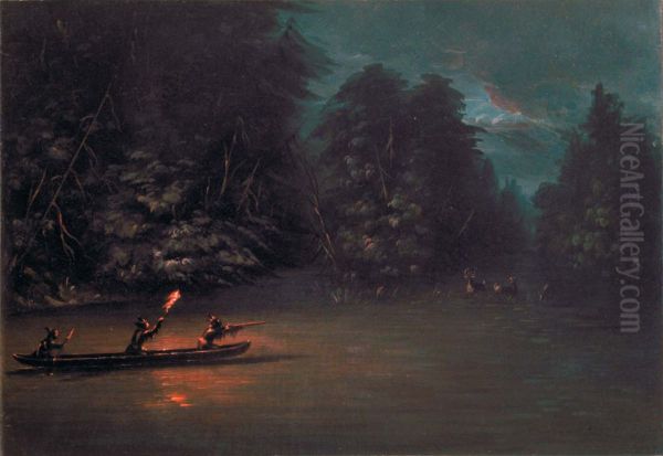 Deer Hunting by Torchlight in Bark Canoes - view 1