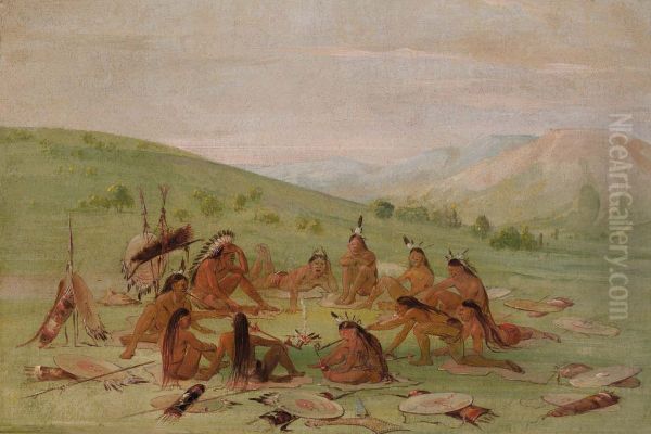 Foot War Party in Council, Mandan - view 1