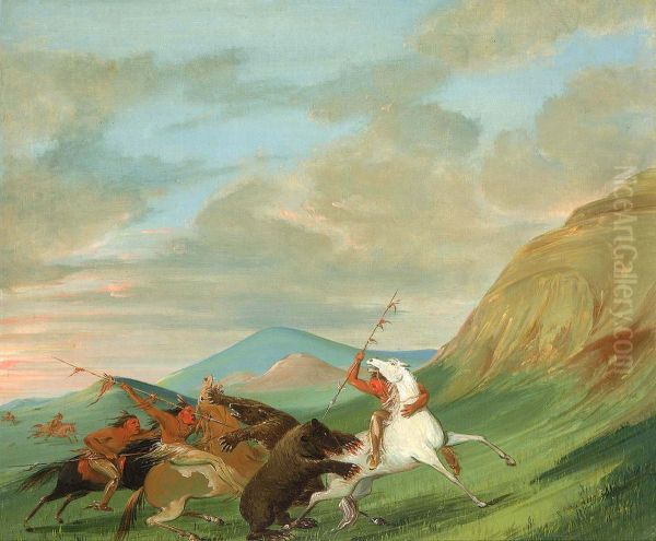 Grizzly Bears Attacking Indians on Horseback - view 1