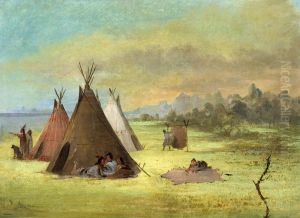 Indian Encampment, Comanche (or Kiowa) Dressing Skins, Red River by George Catlin