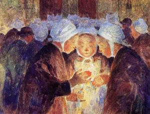 Three Breton Girls Lighting their Candles before the Process by Ferdinand du Puigaudeau