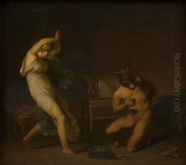 Tjenestepigen Fotis forfaerdes over, at heksesalven forvandler hendes elsker Lucius til et aesel og ikke til en fugl. Motiv fra Apulejus: Det gyldne aesel. - view 1