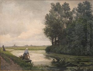Hollandsk landskab. En pige vasker ved en kanal Hollandsk landskab. En pige vasker ved en kanal