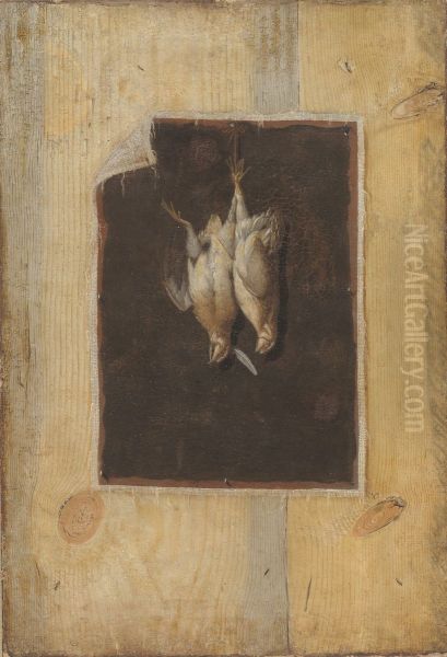 Trompe l'oeil. Braeddevaeg med stilleben af to dode fugle ophaengt pa en vaeg - view 1