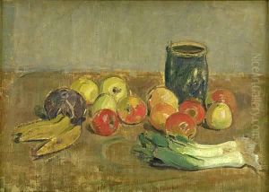 Still Life. Apples, Leeks, Bananas and Green Jar
