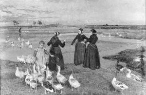 Before sunset. Dragor. Women, a little girl and geese at the beach Before sunset. Dragor. Women, a little girl and geese at the beach