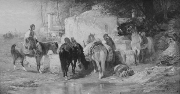 Arab Horsemen Resting at a Fountain - view 1