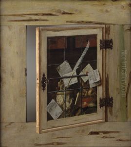 Et kunstkammerskab med elfenbenskrus og andre kunstkammergenstande by Cornelis Norbertus Gijsbrechts