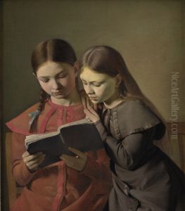 Kunstnerens sostre Signe og Henriette laesende i en bog by Constantin Hansen