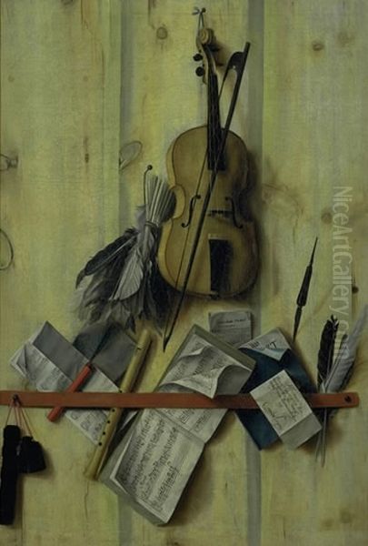 Trompe l'oeil med violin, nodehaefte og blokflojte - view 1