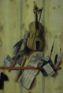 Trompe l'oeil med violin, nodehaefte og blokflojte by Cornelis Norbertus Gijsbrechts