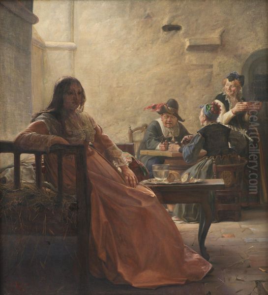 Leonora Christina i faengsletellerSlotsfogden skaemter med Kvinderne i den nylig faengslede Kongedatters Kammer pa Blaataarn - view 1
