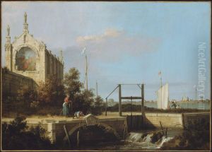 Capriccio of a ruined Gothic Chapel by a Sluice Gate by Canaletto