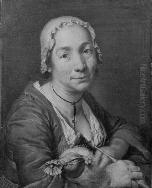 Woman Holding Flax and a Spindle - view 1