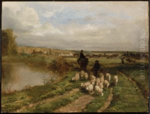 Sheep and Shepherd in a Landscape by Constant Troyon