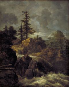 Nordic mountain landscape with waterfall and cottage by Jacob Van Ruisdael